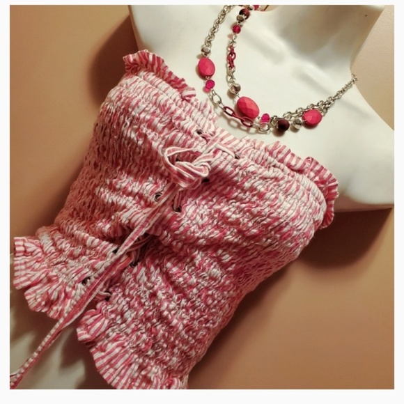 Red White Stripe Festival Corsett Crop Top L - Picture 3 of 5